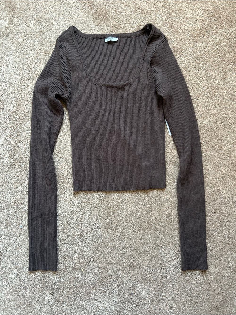 Ardene Dark Brown Ribbed Scoop-Neck Long Sleeve Top